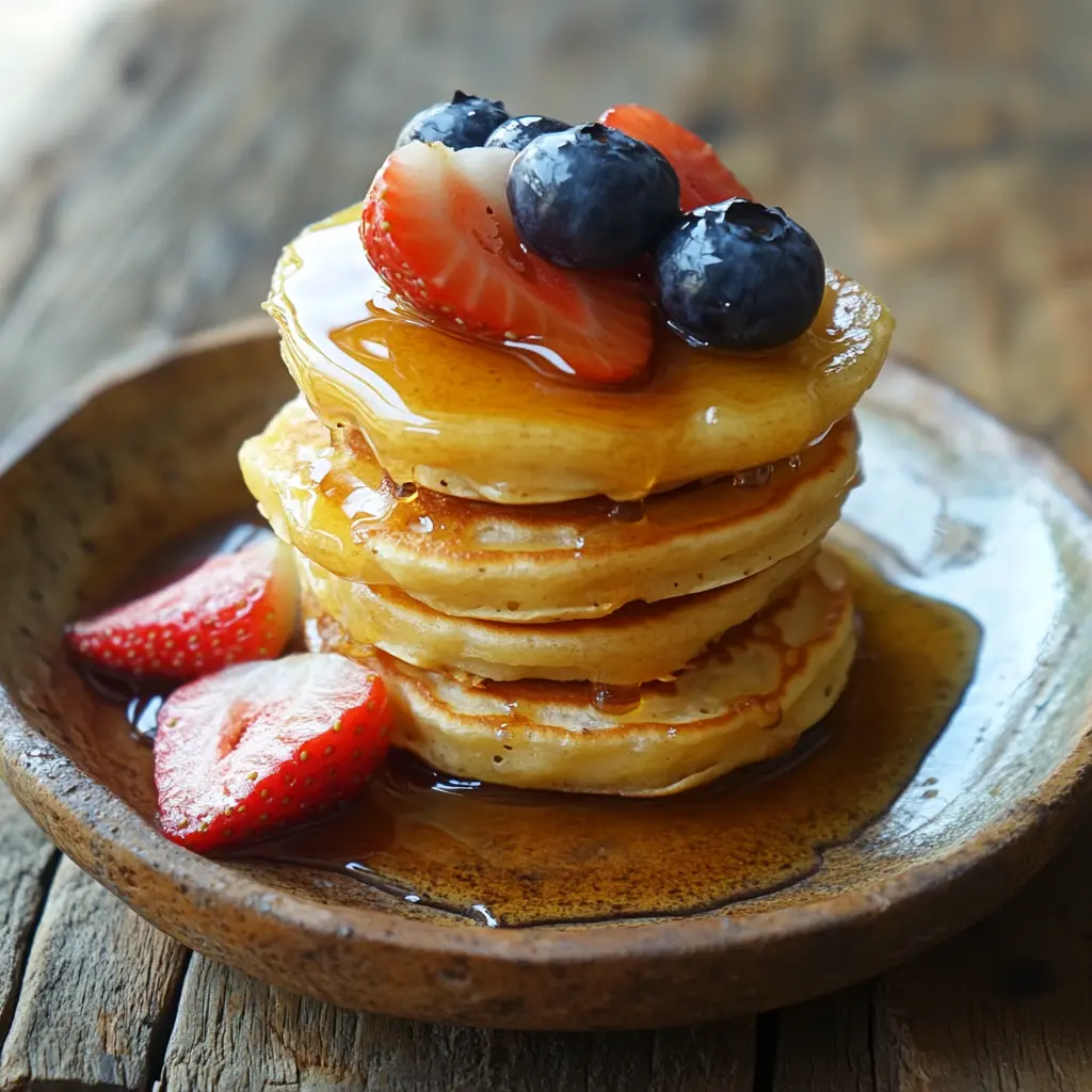 Eggo mini pancakes served with syrup and fruit