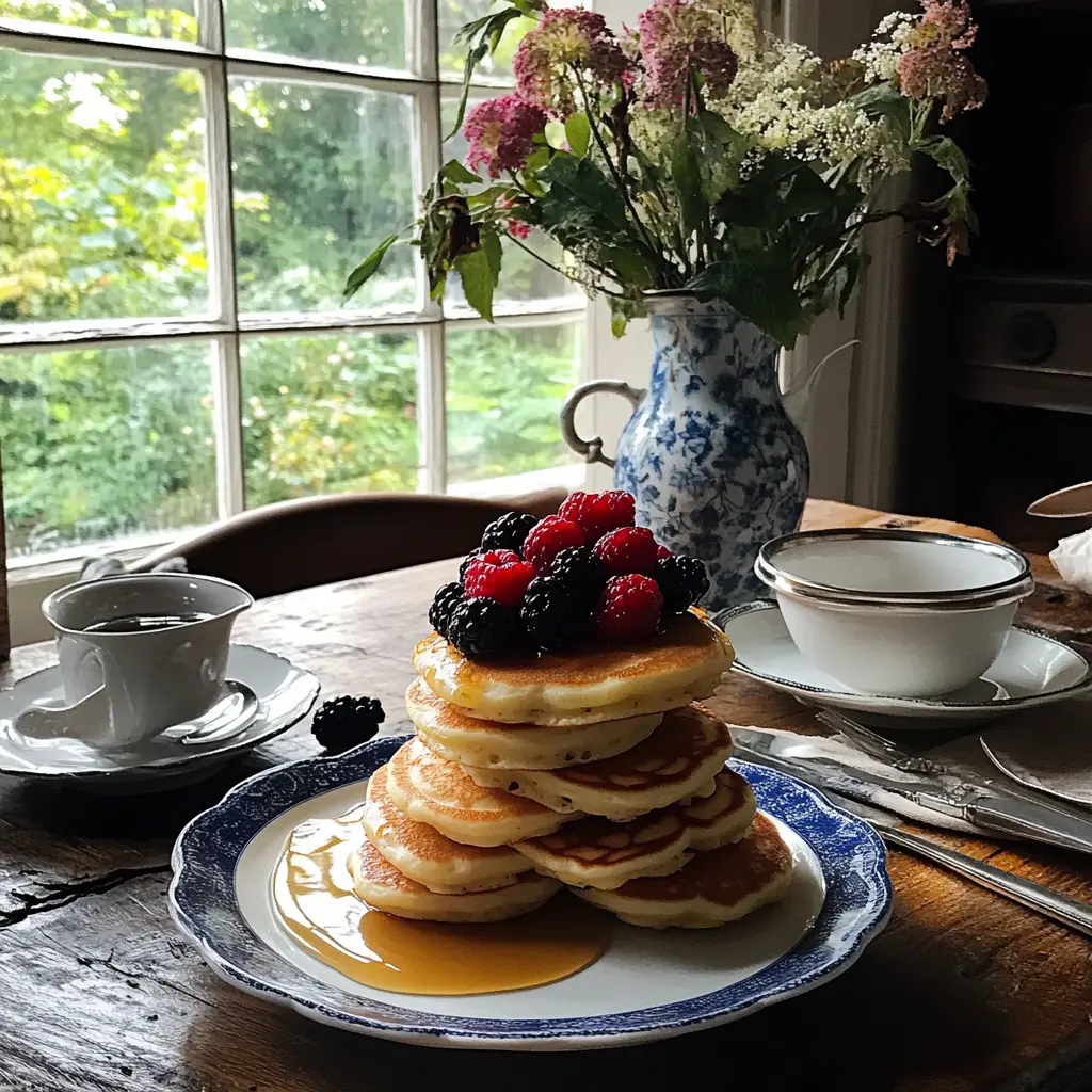 Fluffy mini pancakes with whipped cream and syrup