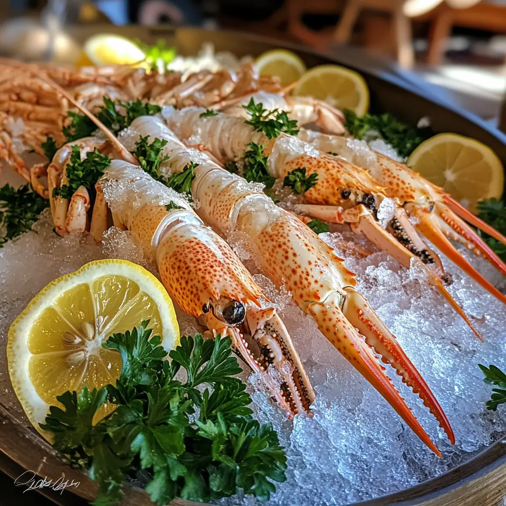 Fresh langoustine Recipe arranged on ice with lemon slices