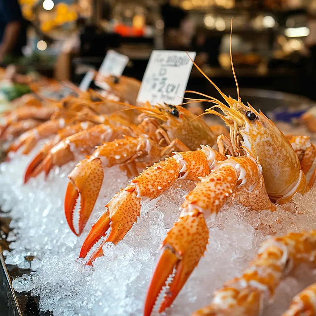  Fresh langoustines displayed on a bed of crushed ice at a seafood market