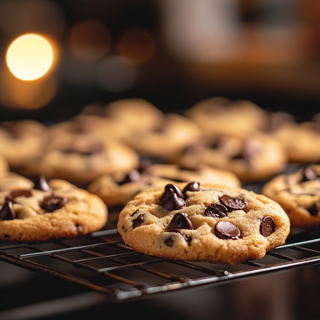 Freshly baked chocolate chip cookies on a cooling rack