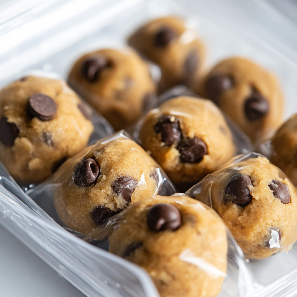 Pre-portioned cookie dough balls in a freezer bag