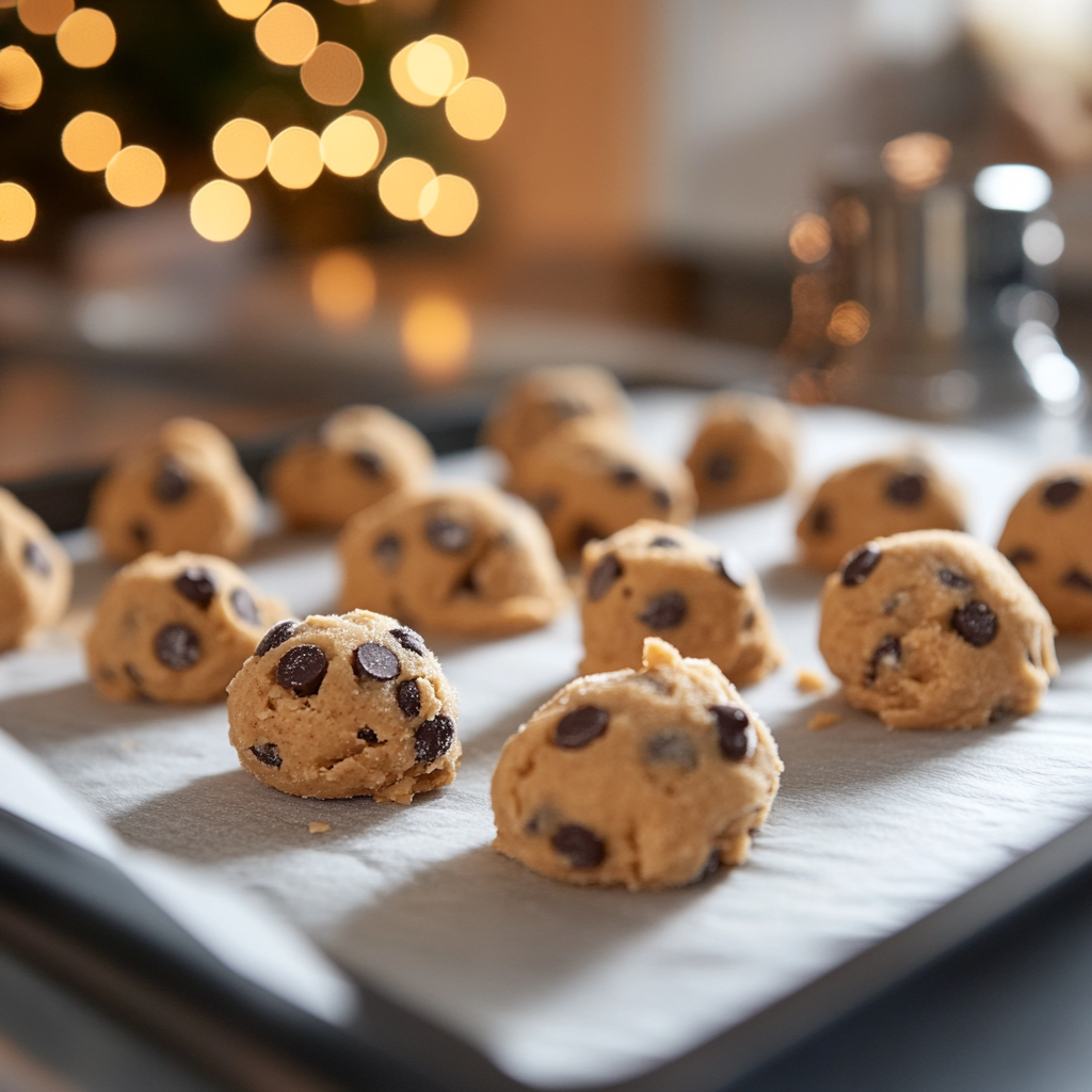 Frozen chocolate chip cookie dough on a baking sheet