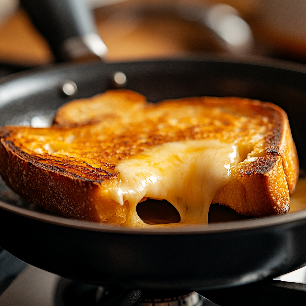 A close-up shot of bread and cheese in a frying pan, with one side toasted golden brown. How to Make Grilled Cheese and Tomato Soup