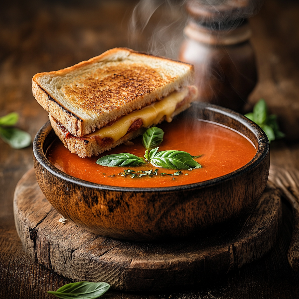 A bowl of tomato soup with a golden grilled cheese sandwich beside it