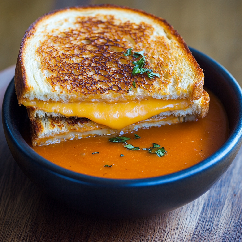 A classic grilled cheese sandwich served with a bowl of creamy tomato soup