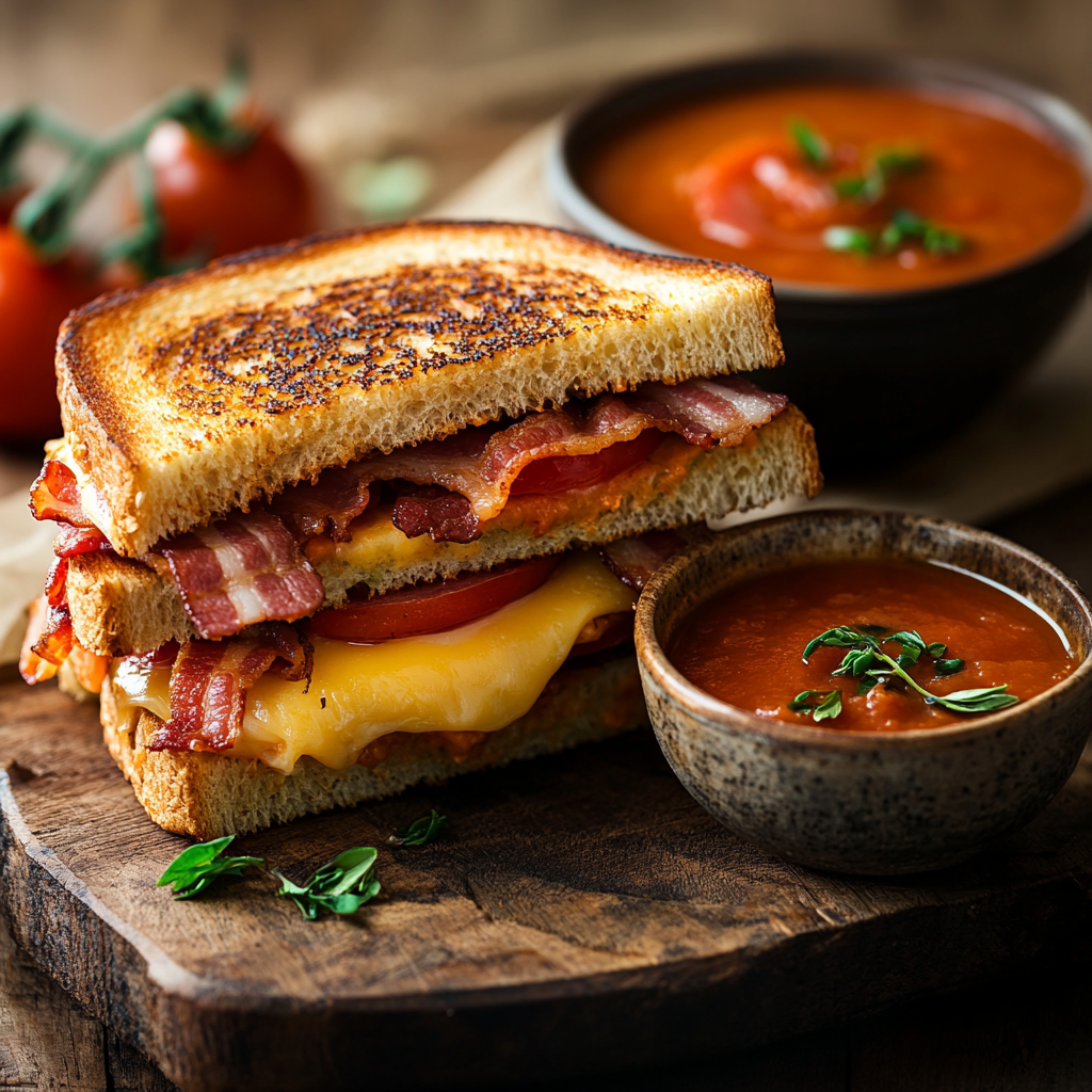 A gourmet grilled cheese sandwich featuring layers of bacon and tomato, placed on a cutting board beside a small bowl of tomato soup