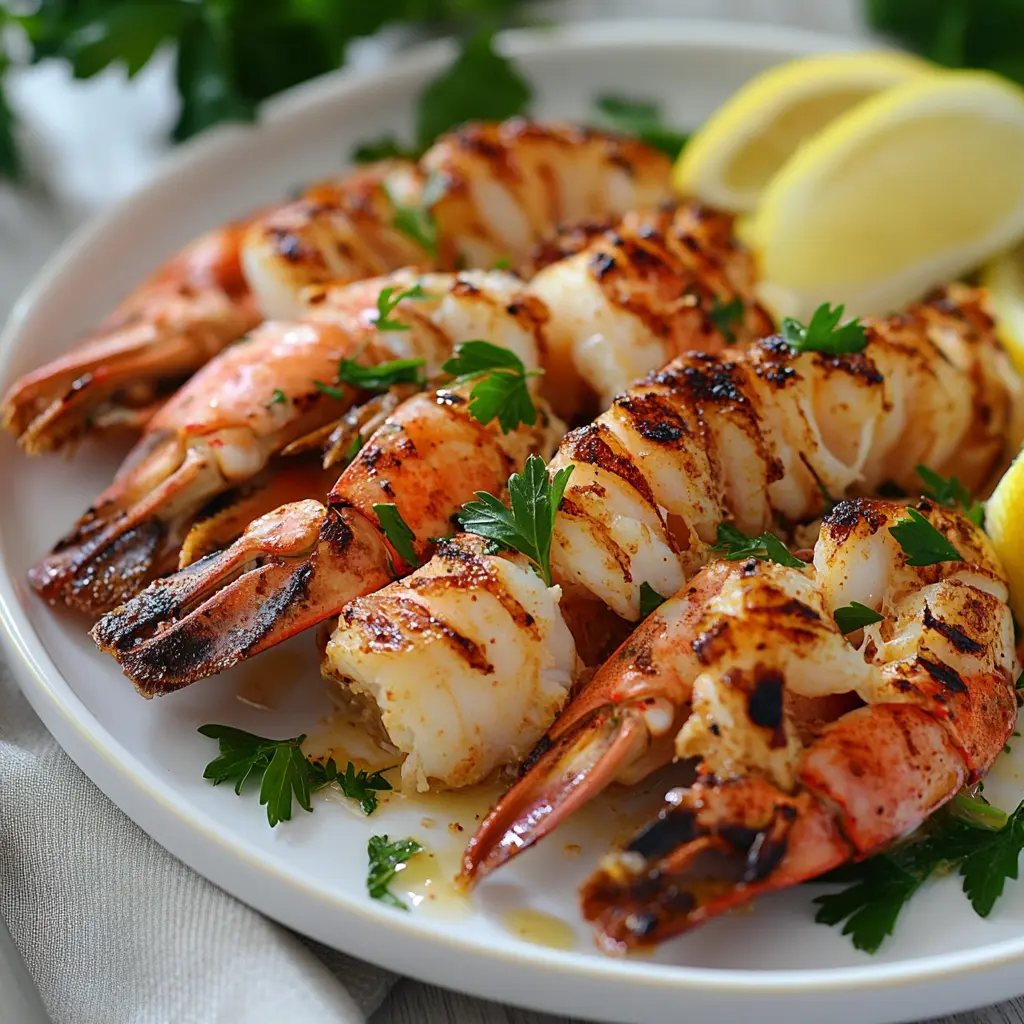 A gourmet plate featuring grilled langoustine tails garnished with parsley and lemon slices