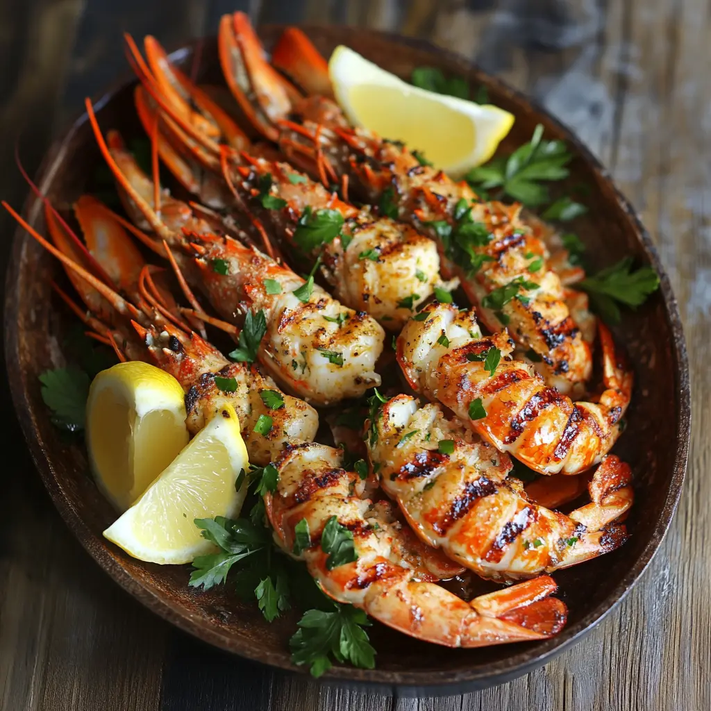 A platter of grilled langoustine tails served with lemon wedges and parsley