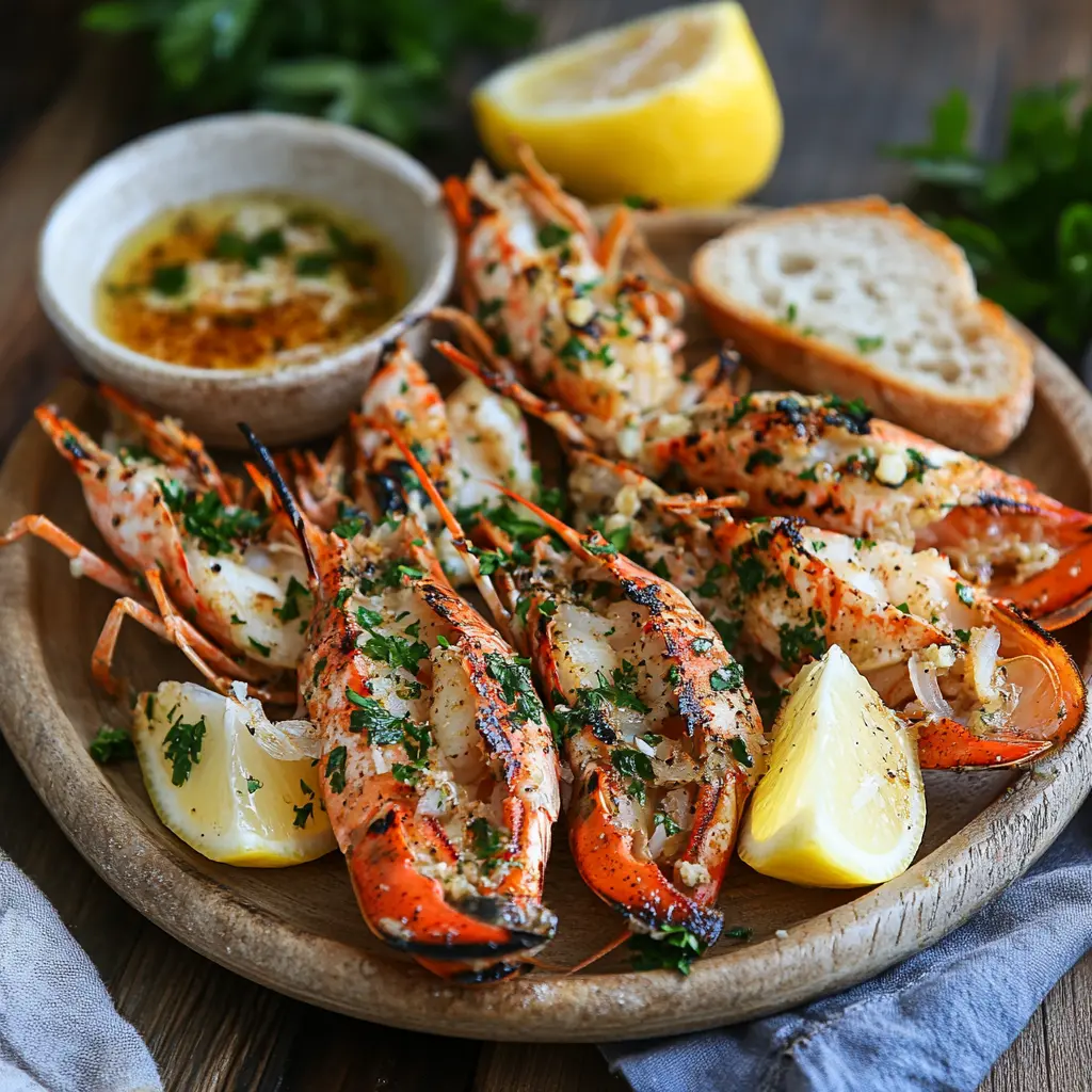 Grilled langoustines served on a plate with lemon wedges and parsley