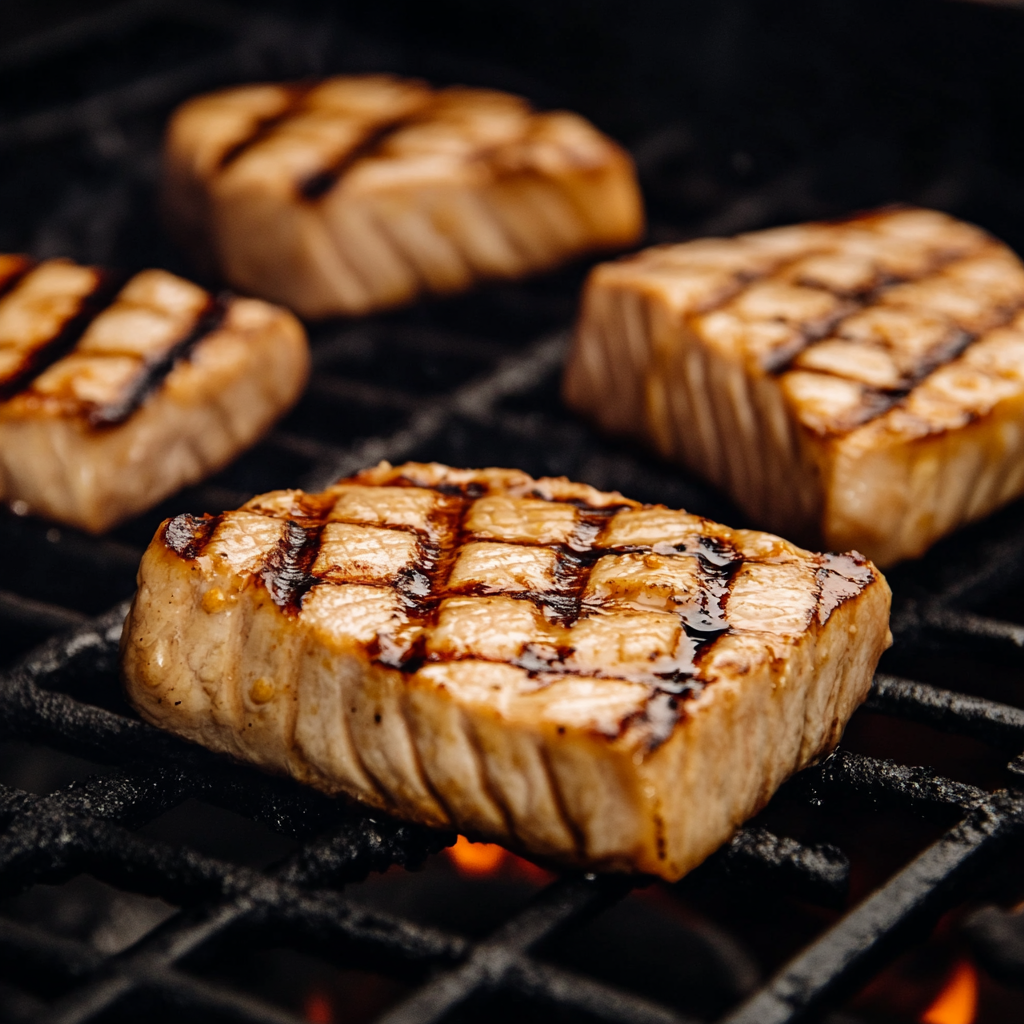 Tuna steaks cooking on a hot grill