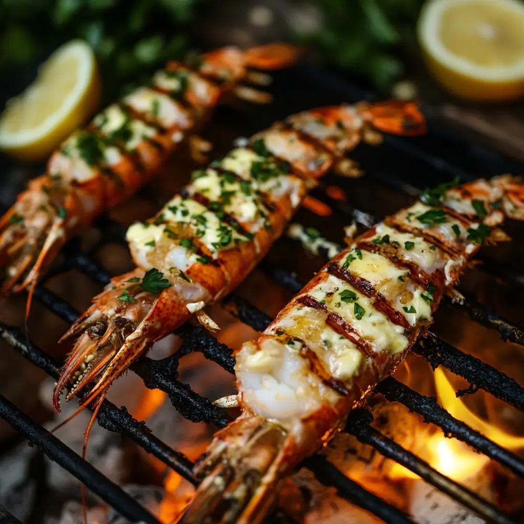 Langoustine grilling over an open flame with garlic butter