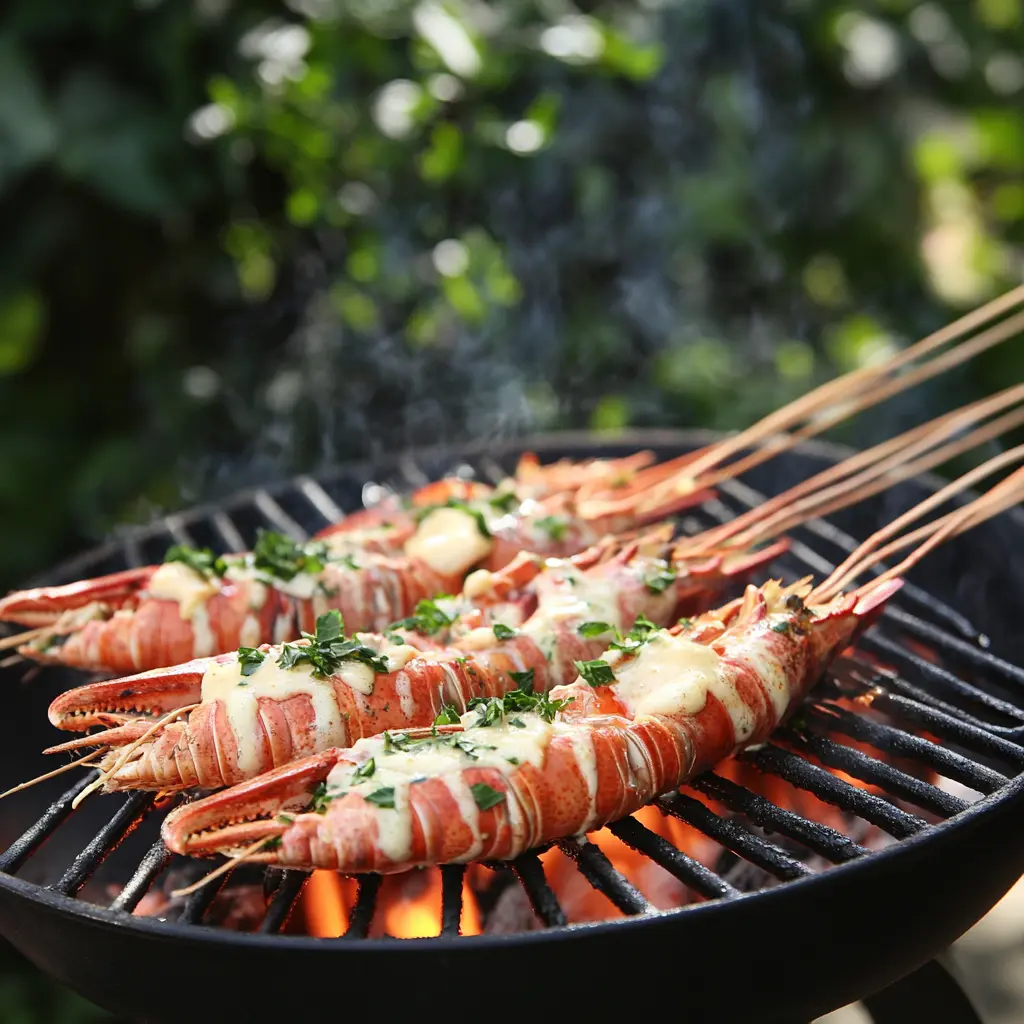 Langoustine Recipe grilling on a barbecue with garlic butter drizzled on top