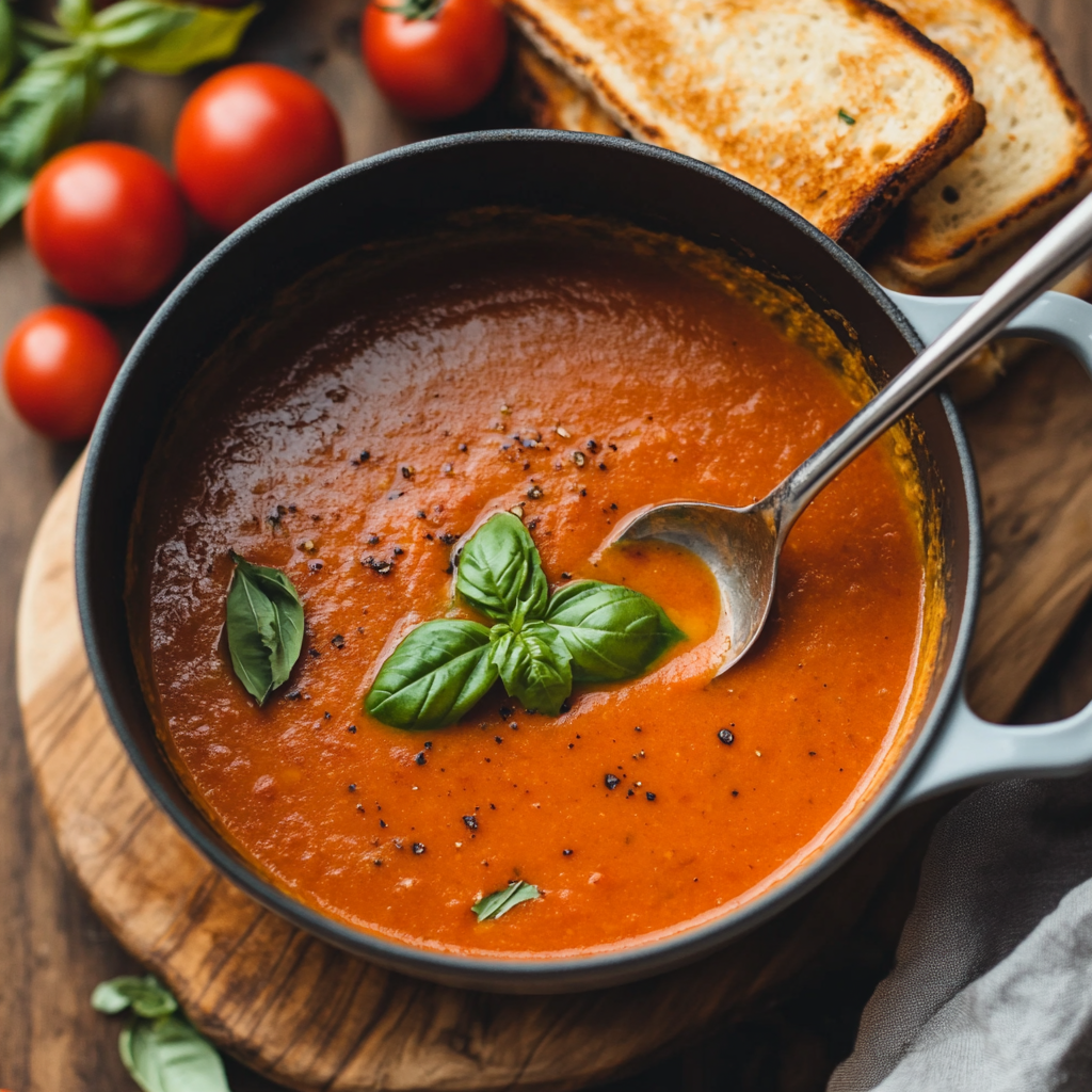 A saucepan filled with rich tomato soup, being stirred with a ladle, with fresh herbs and tomatoes in the background