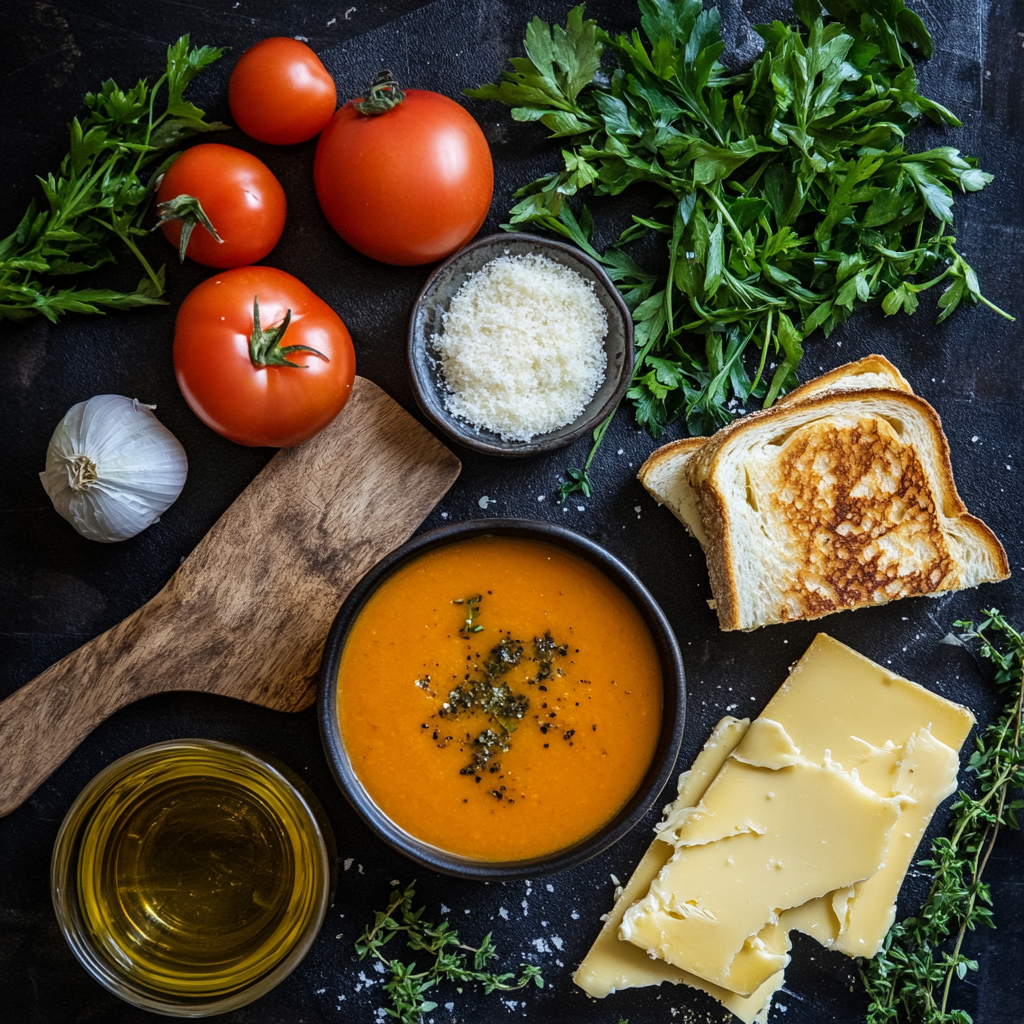 Ways to Make Chicken Pot Pie with Pillsbury Biscuits. A flat lay of bread, cheese, butter, tomatoes, basil, and garlic arranged on a clean white countertop.