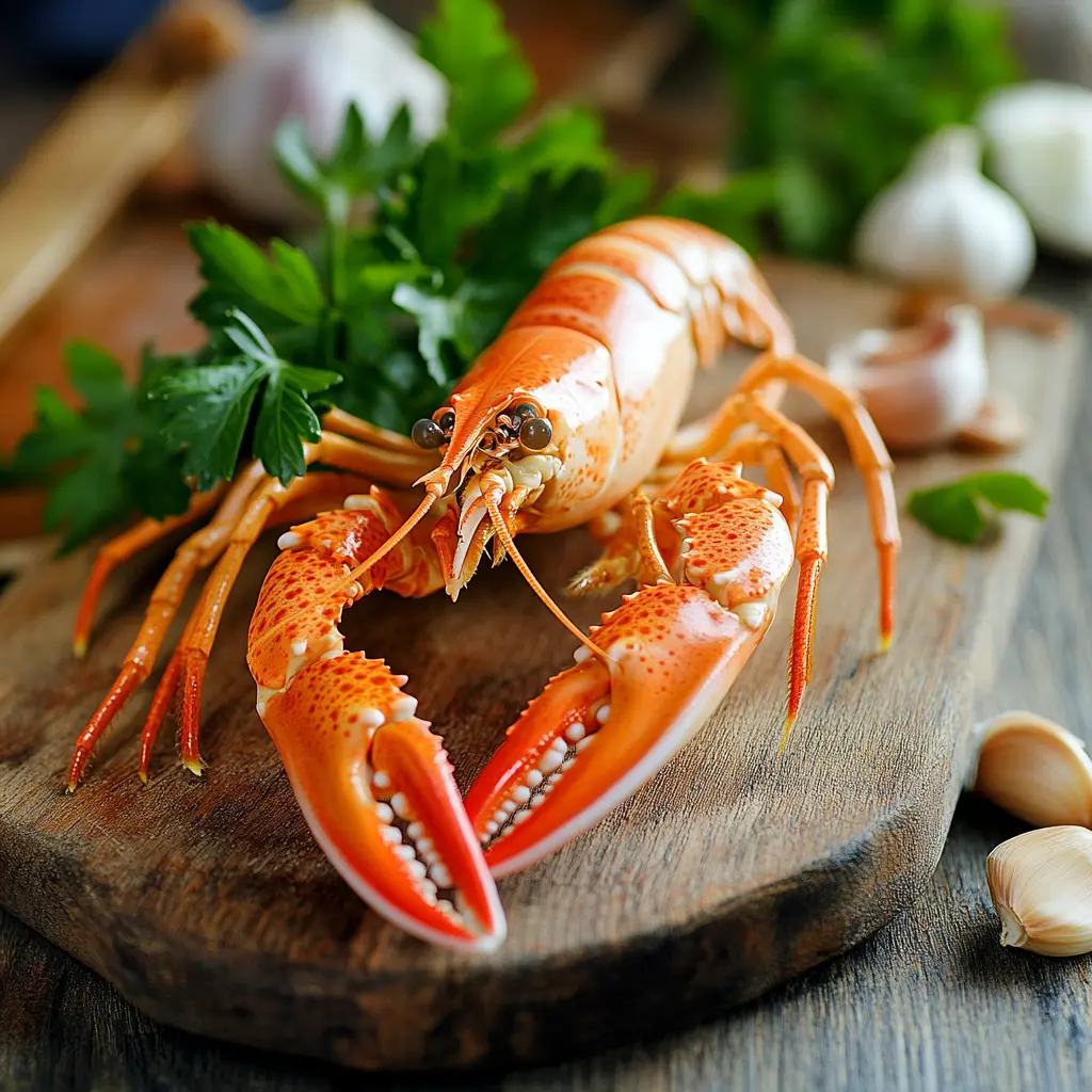 A close-up of a langoustine with its long claws and bright orange shell