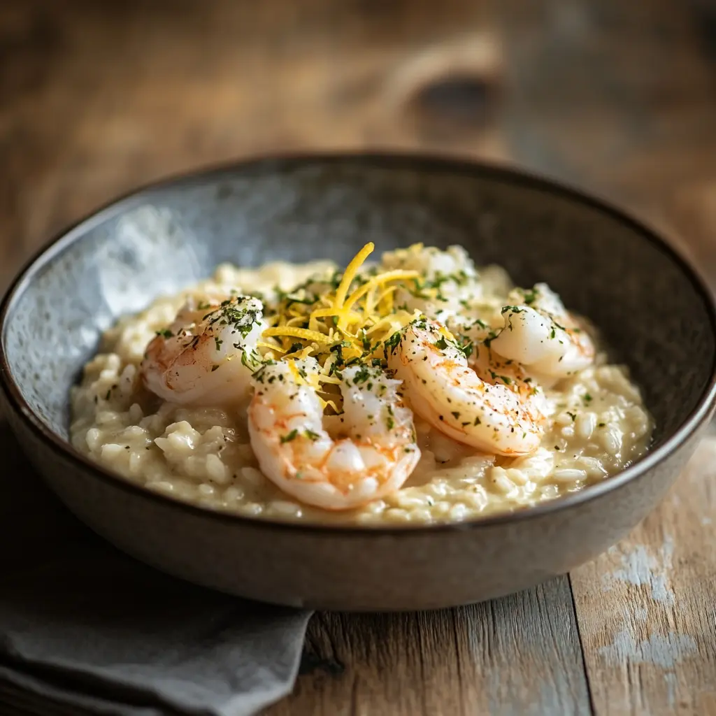 A bowl of creamy risotto topped with langoustine tails and lemon zest