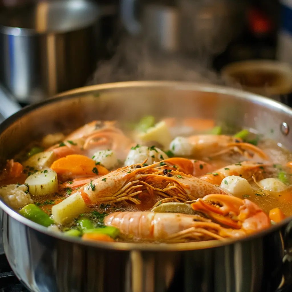 A pot of langoustine shells simmering with herbs and vegetables What is langoustine