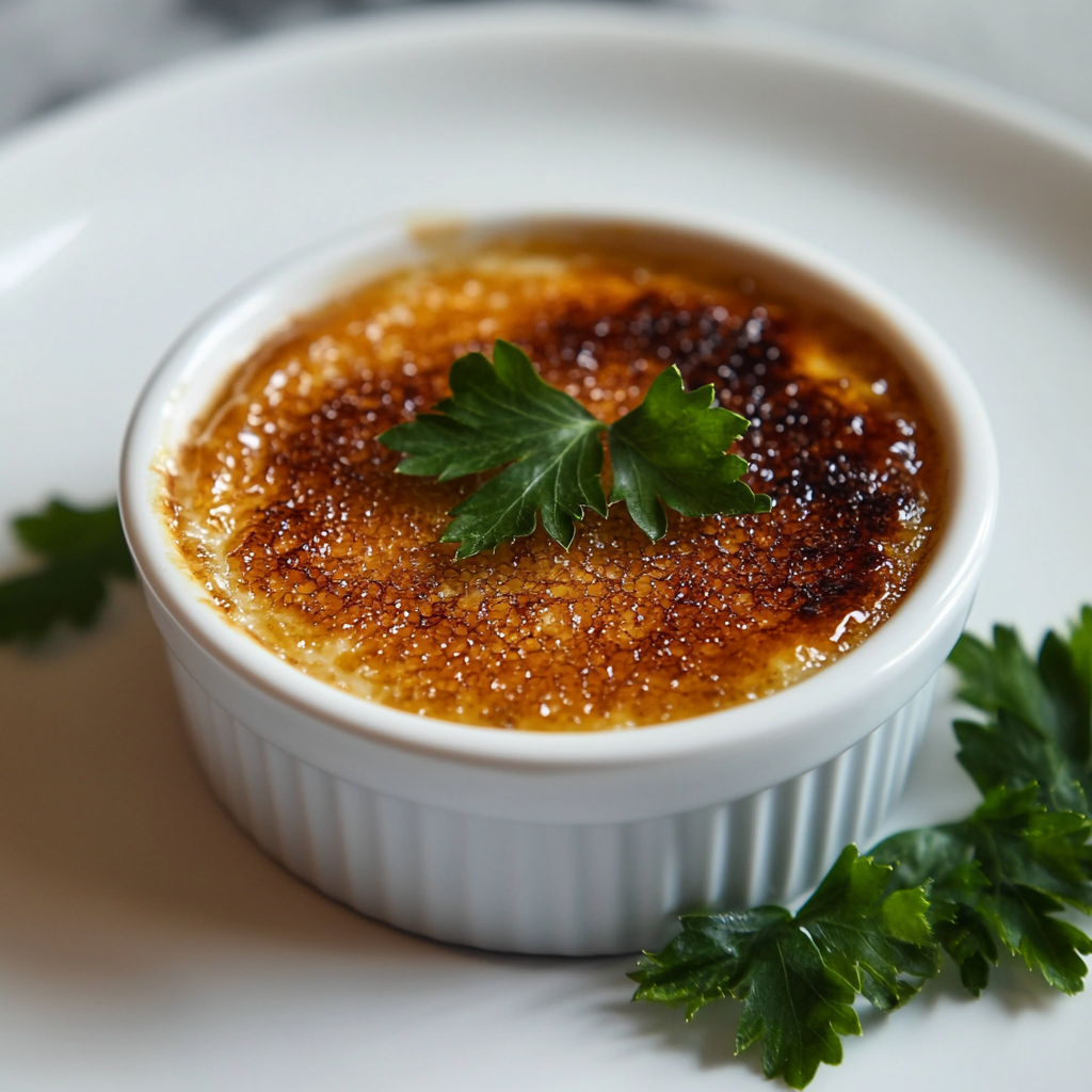 A serving of crab brûlée with a caramelized sugar crust, garnished with fresh herbs