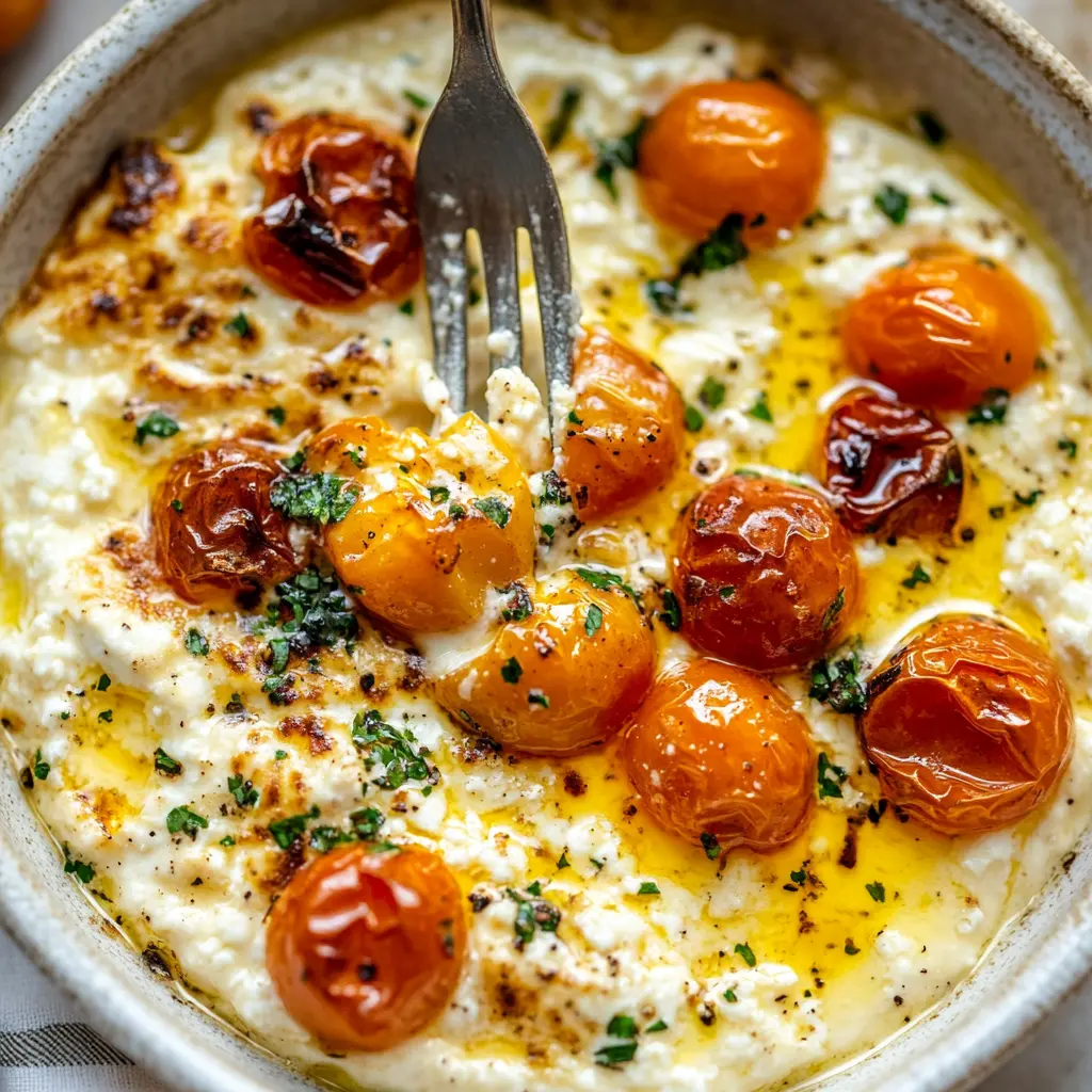 A fork mashing roasted feta and tomatoes in a baking dish