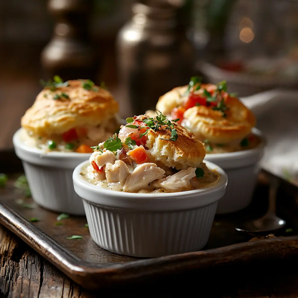 Mini chicken pot pies with biscuits