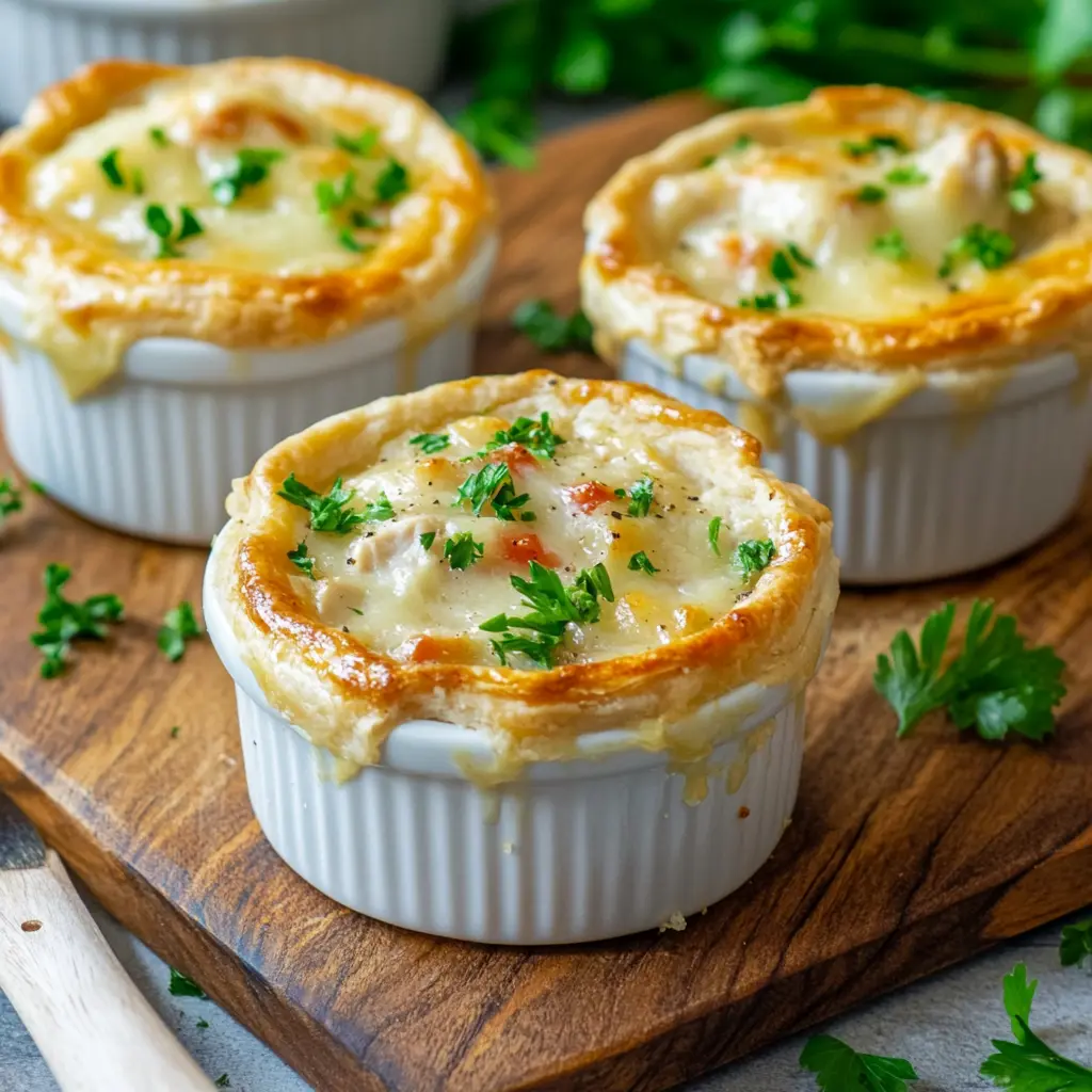 Mini individual chicken pot pies in ramekins with golden crusts