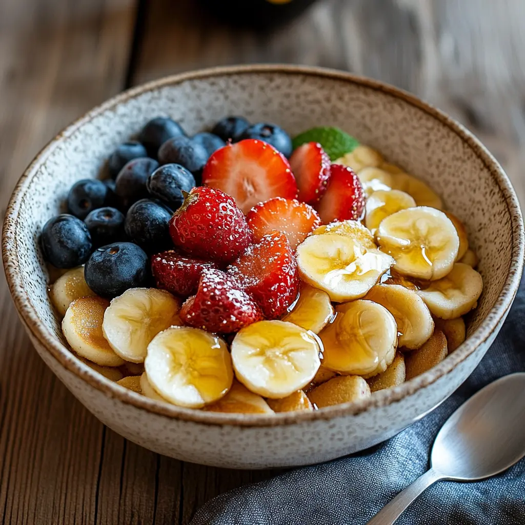 Mini pancake cereal in a bowl with fruit