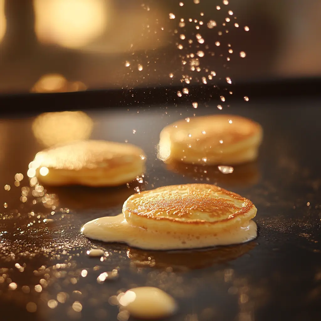 Mini pancakes cooking on a griddle