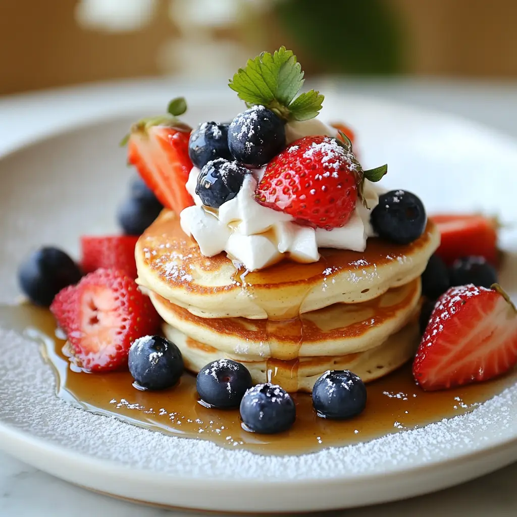 Popular topping for mini pancake Mini pancakes with whipped cream and fresh berries