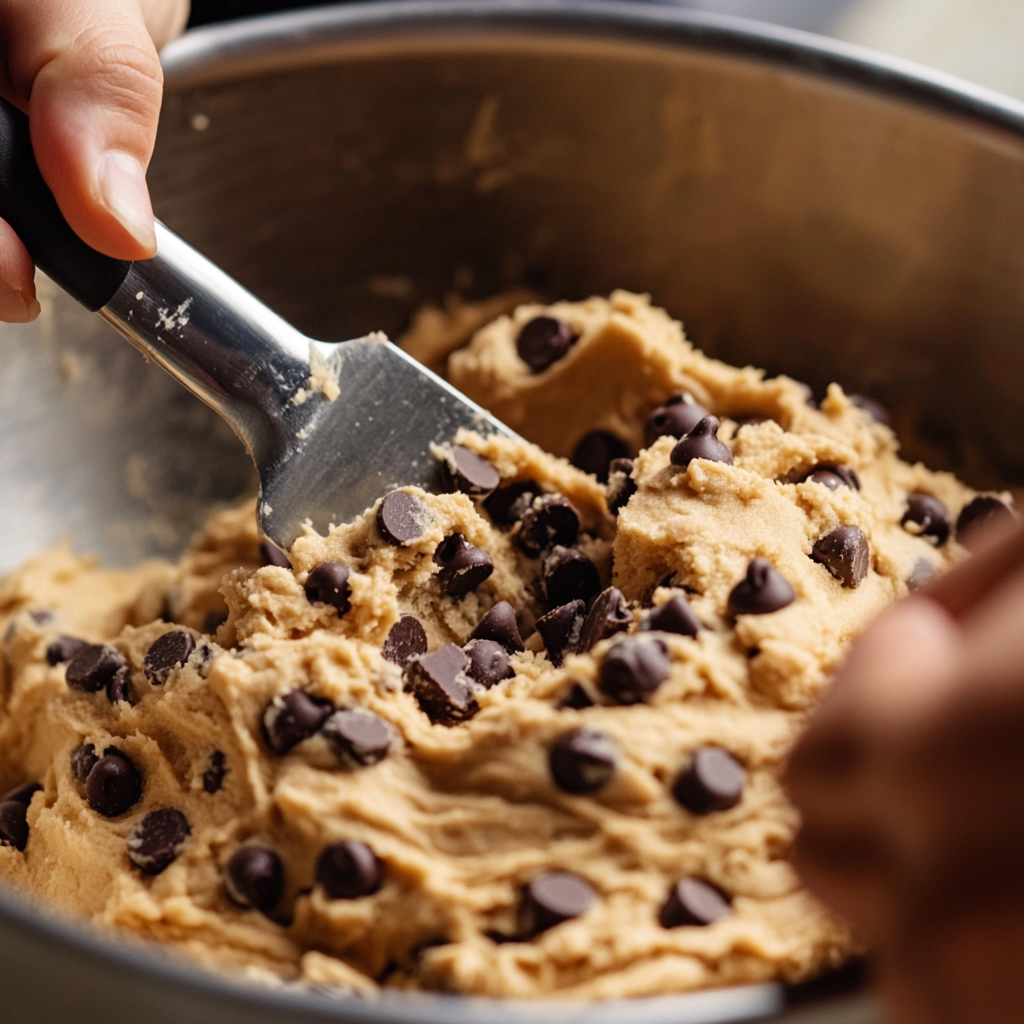 Cookie dough with chocolate chips being mixed in a bowl