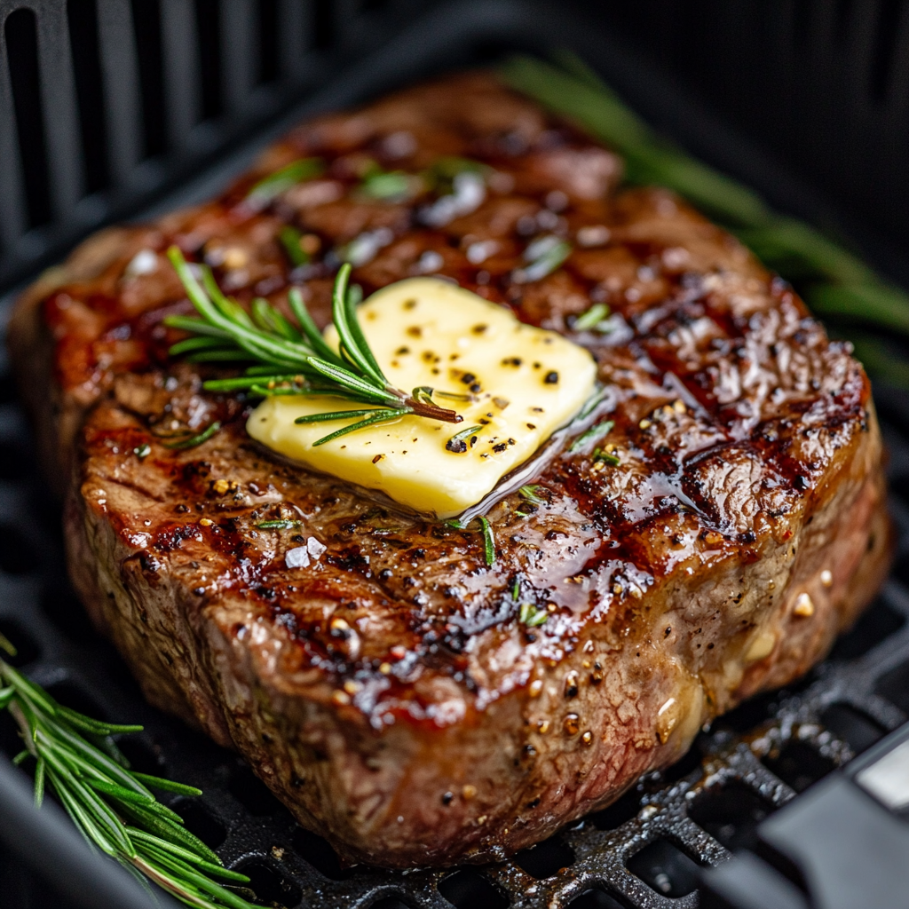 Steak cooked in the air fryer with a golden sear