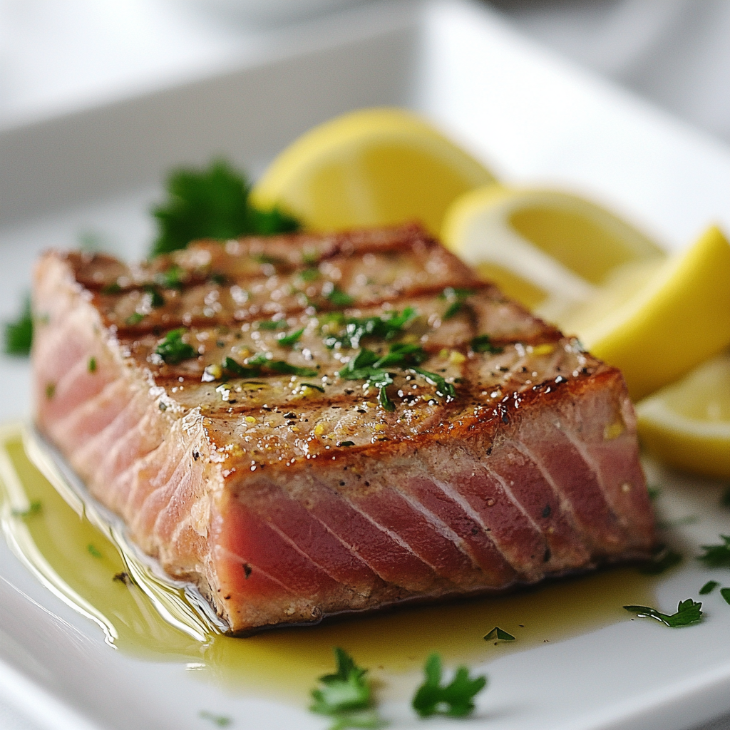 Perfectly cooked air fryer tuna steak with lemon wedges