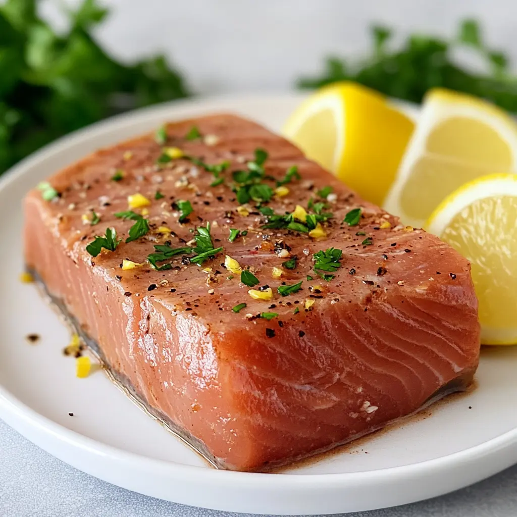 Cooked frozen tuna steak garnished with lemon slices