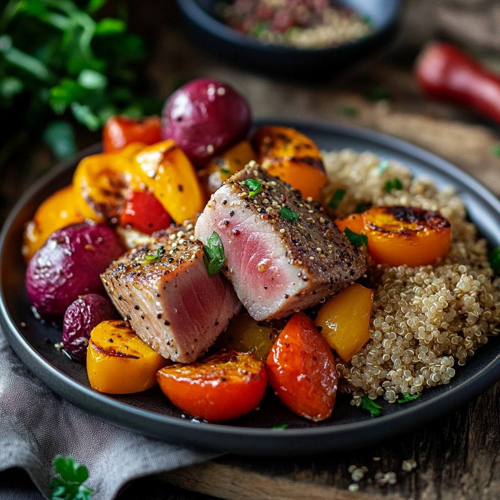 Tuna steak served with roasted vegetables and quinoa