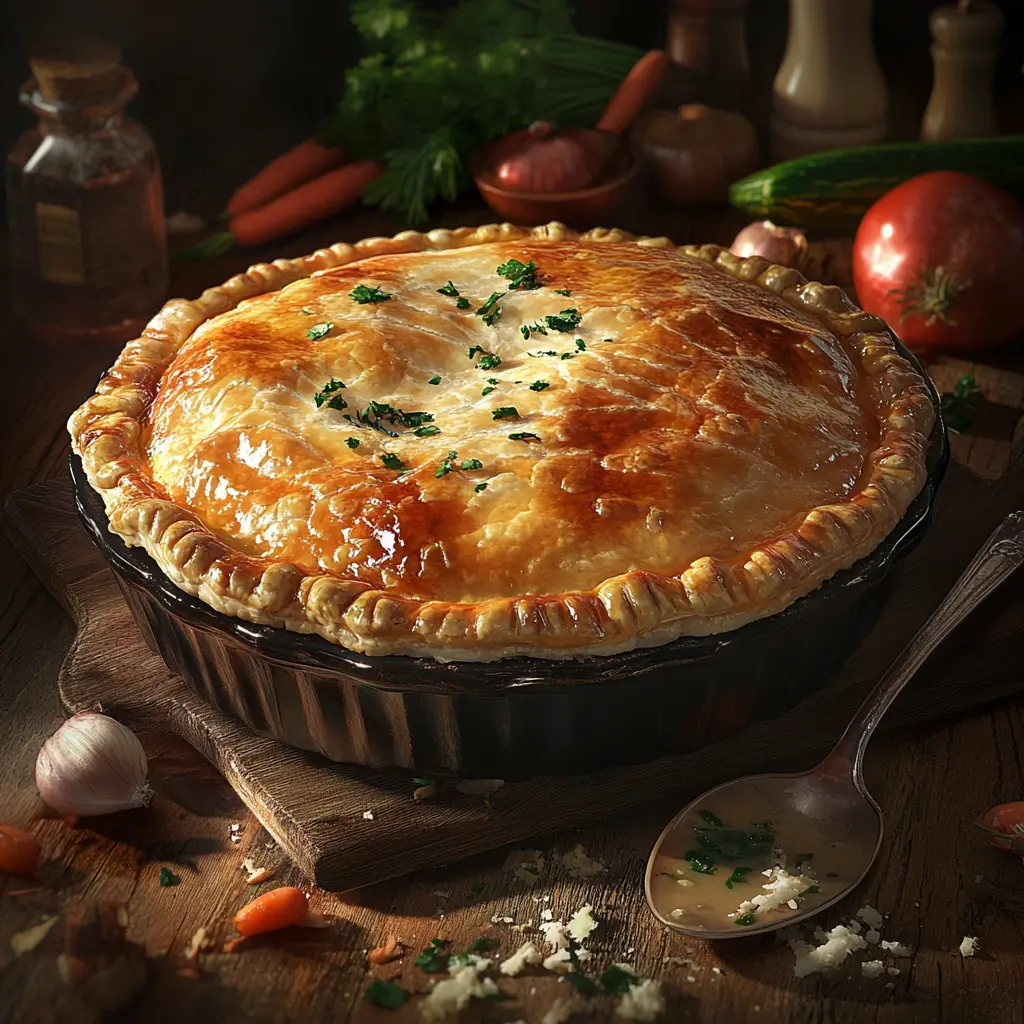 Golden-brown chicken pot pie with a crispy bottom crust served on a wooden table