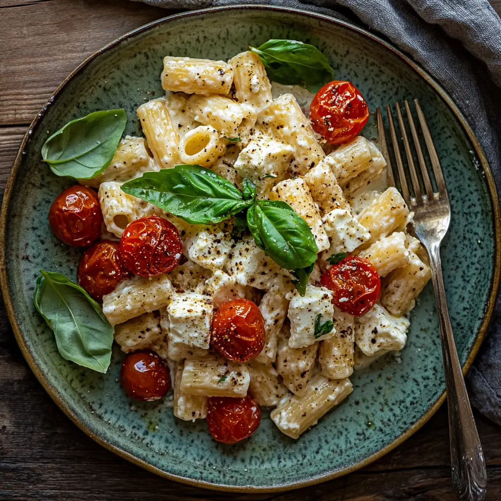 A close-up of baked feta pasta with roasted cherry tomatoes and fresh basil