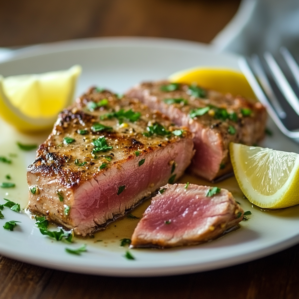 Air fryer tuna steak with a crispy crust and pink center