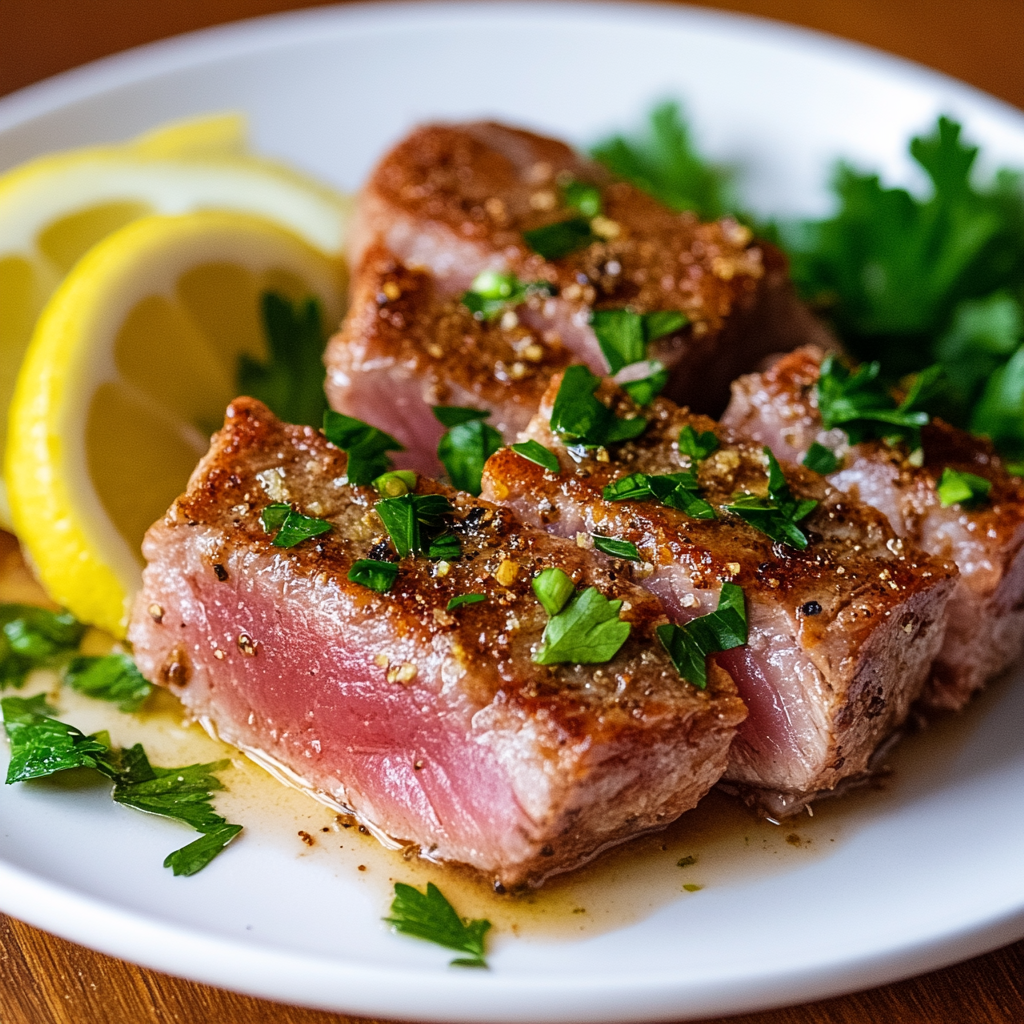 Sliced tuna steak with a pink center and lemon garnish