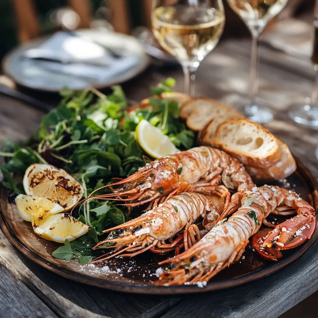 Grilled langoustine Recipe served with a side of crusty bread and salad