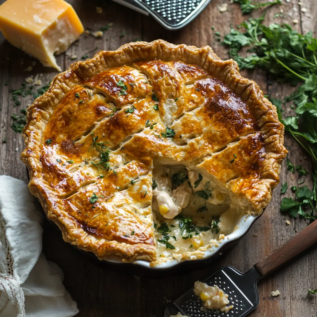 Cheddar chicken pot pie with golden crust on a rustic table