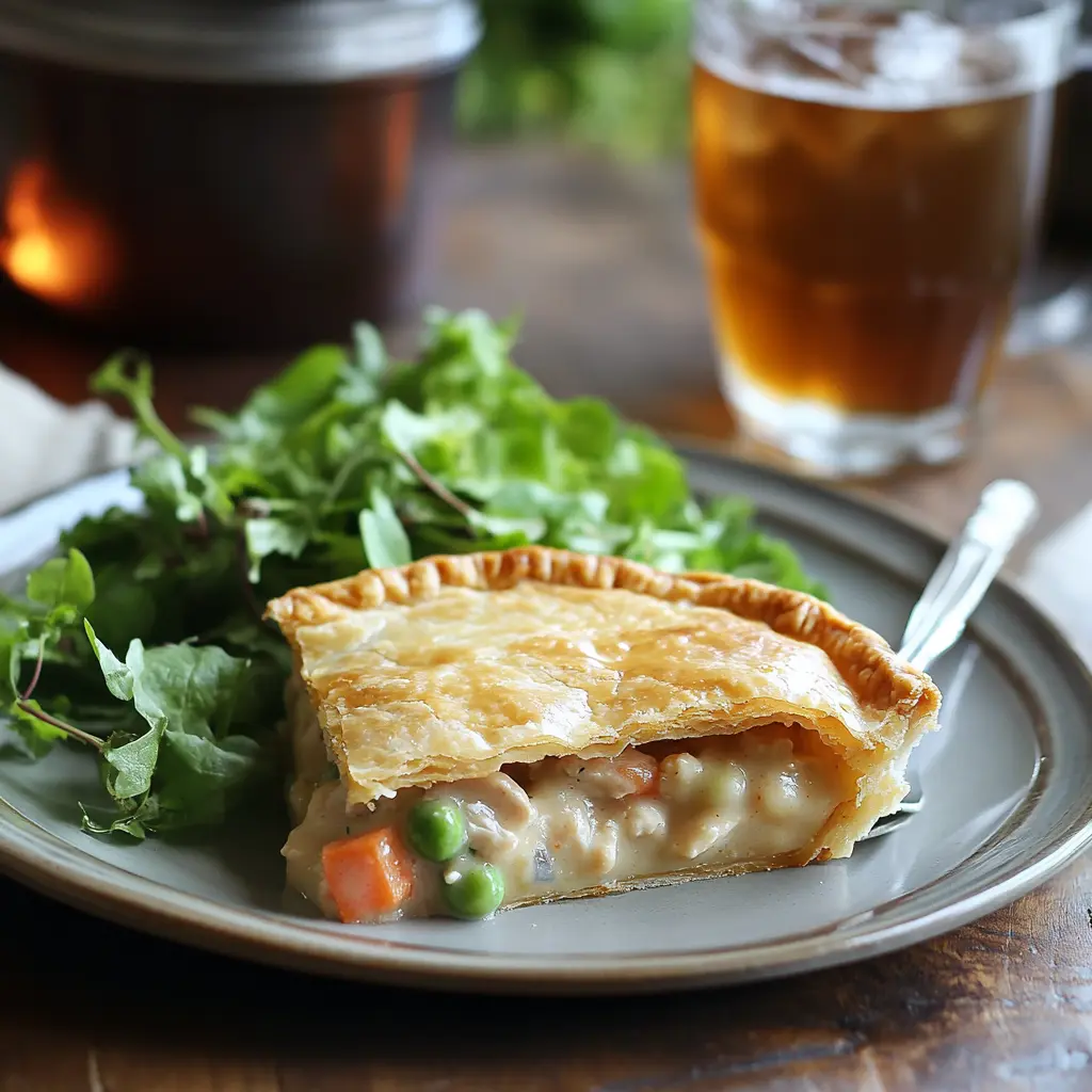 Sliced chicken pot pie served on a plate