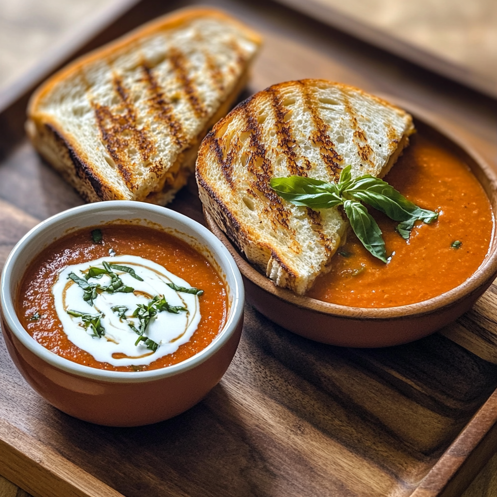 A plate featuring a grilled cheese sandwich and bowl of tomato soup