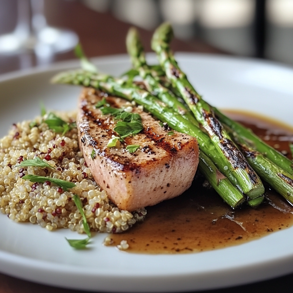 Tuna steak with asparagus and quinoa