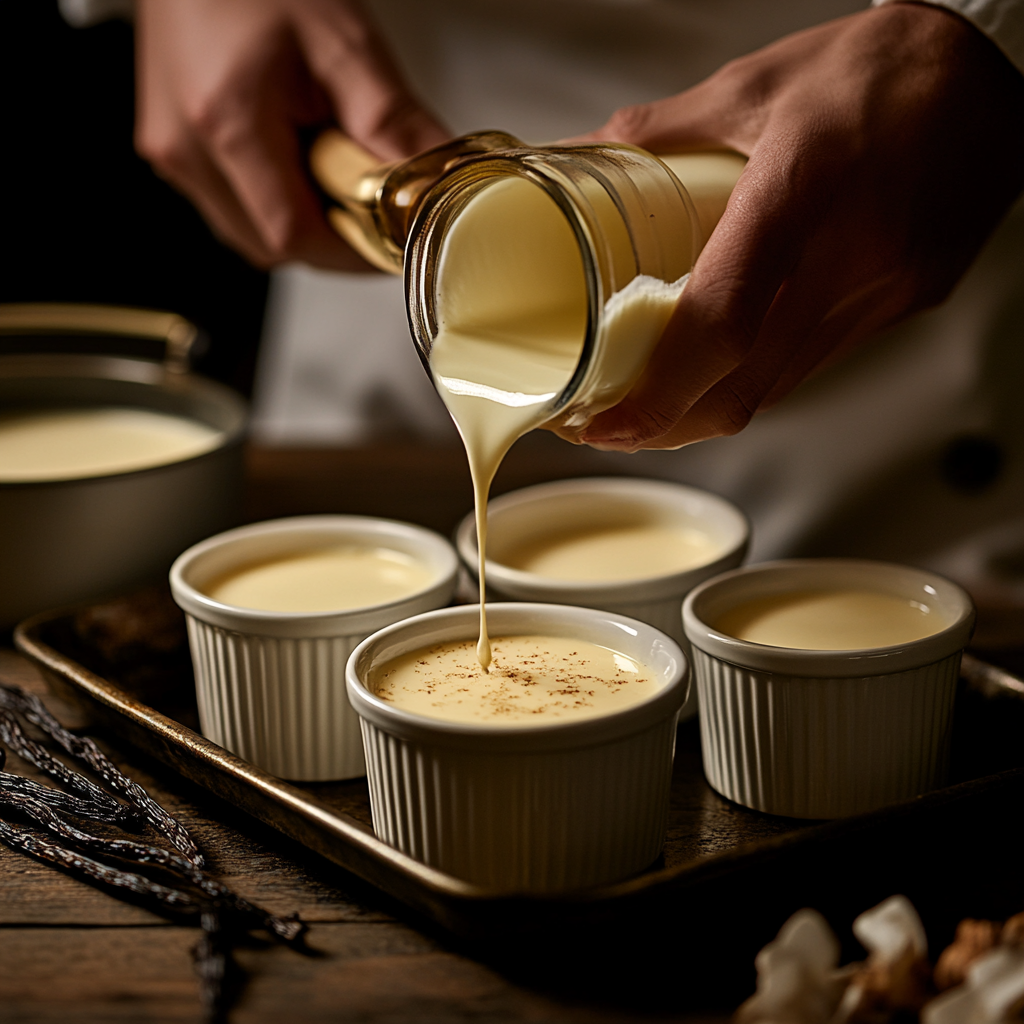 A chef’s hands carefully pouring custard into ceramic ramekins placed in a baking tray