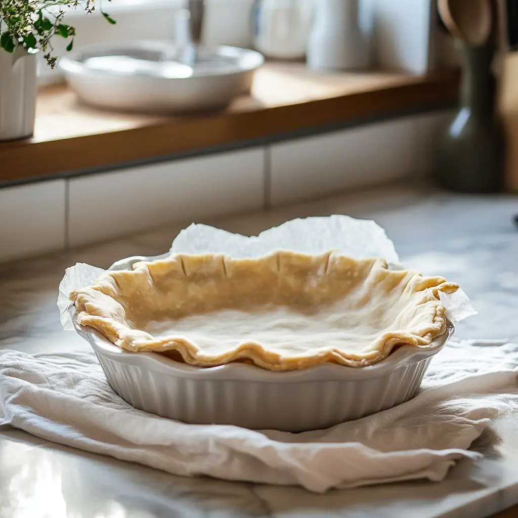 Pie crust being prebaked in an oven with pie weights and parchment paper