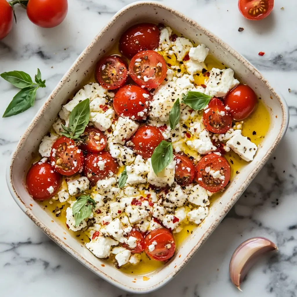 A baking dish filled with crumbled feta, cherry tomatoes, and olive oil, ready for the oven