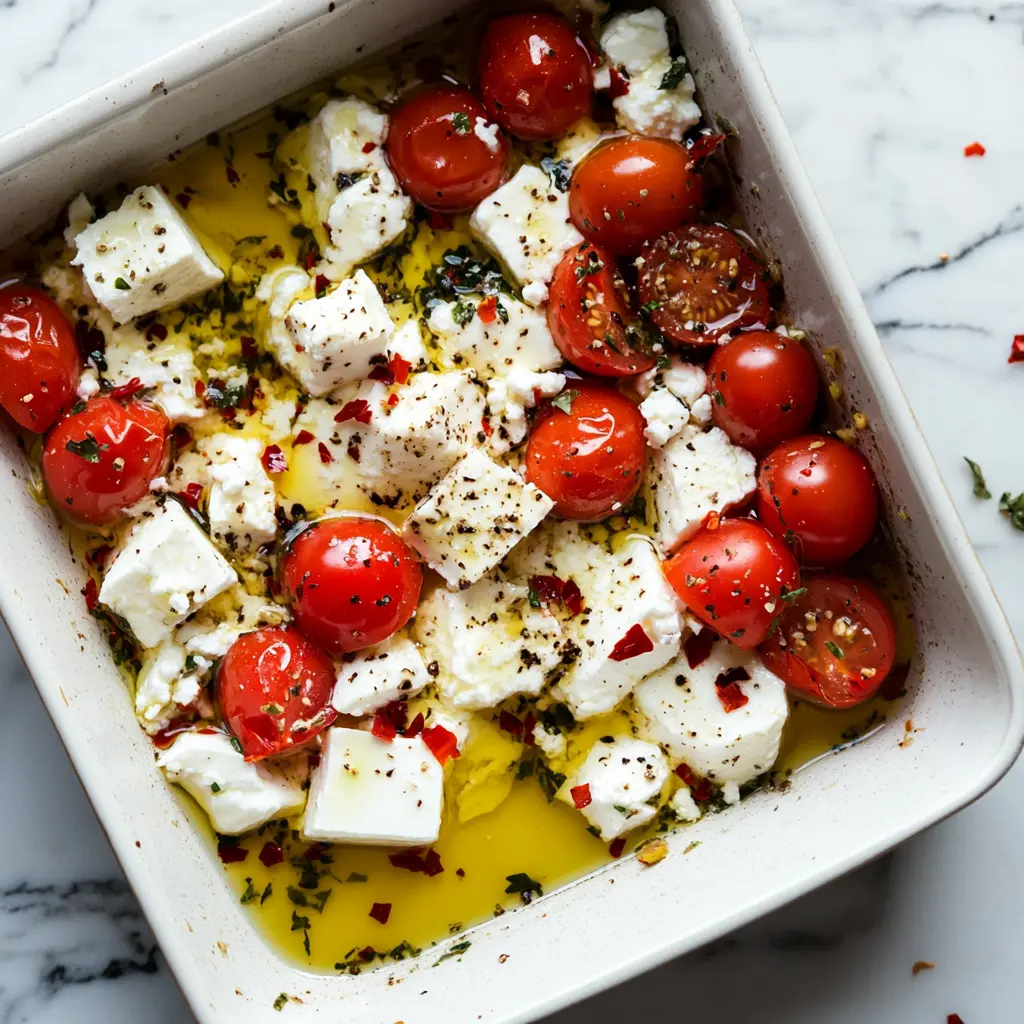 A baking dish filled with crumbled feta, cherry tomatoes, and olive oil, ready for the oven