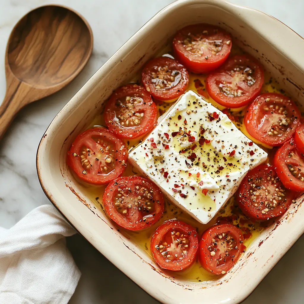 Quartered Roma tomatoes placed in a baking dish with feta cheese in the center