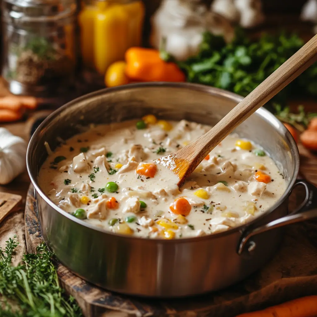 Thickened chicken pot pie filling being prepared in a saucepan