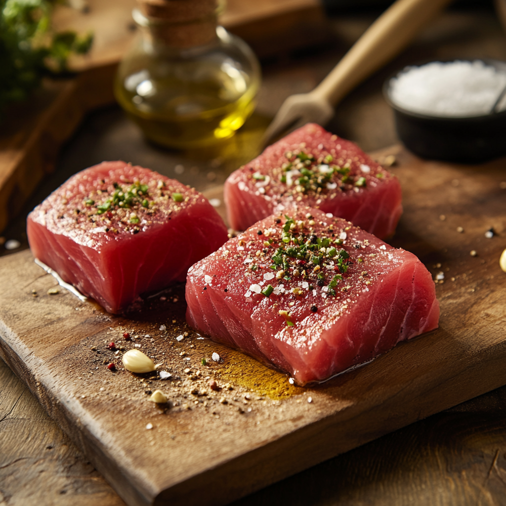 Tuna steak being brushed with olive oil and seasoned